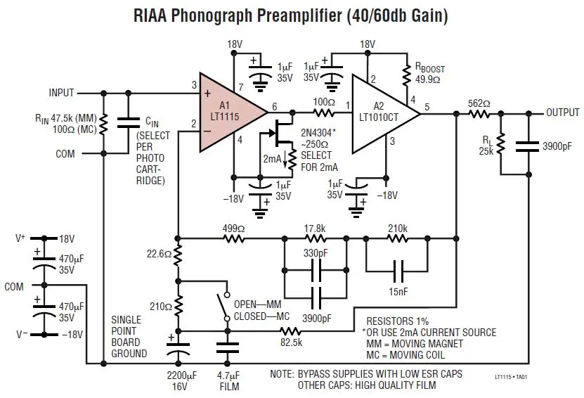 Rauscharmer Phono Verstärker mit LT1115: RIAA Phonograph Preamplifier (40/60db Gain)