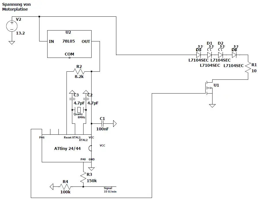 LED Stroboskop für Plattenspieler Dual mit ATTiny24: Schaltplan