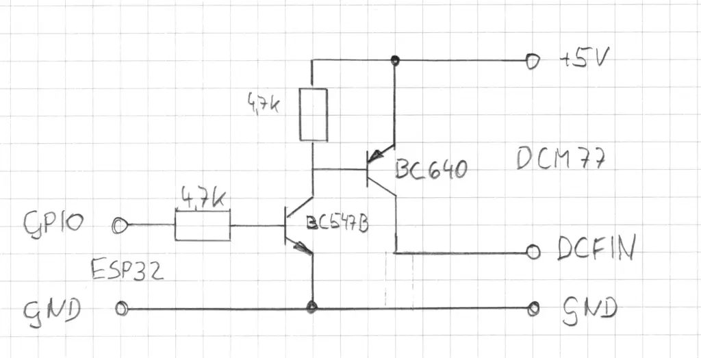 Auerswald DCM-77: Pegelwandlung zum Anschluss des ESP32 an den DCFIN Eingang